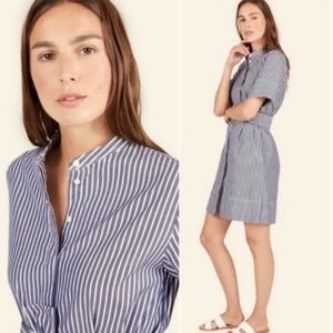 Everlane collarless blue striped shirt dress